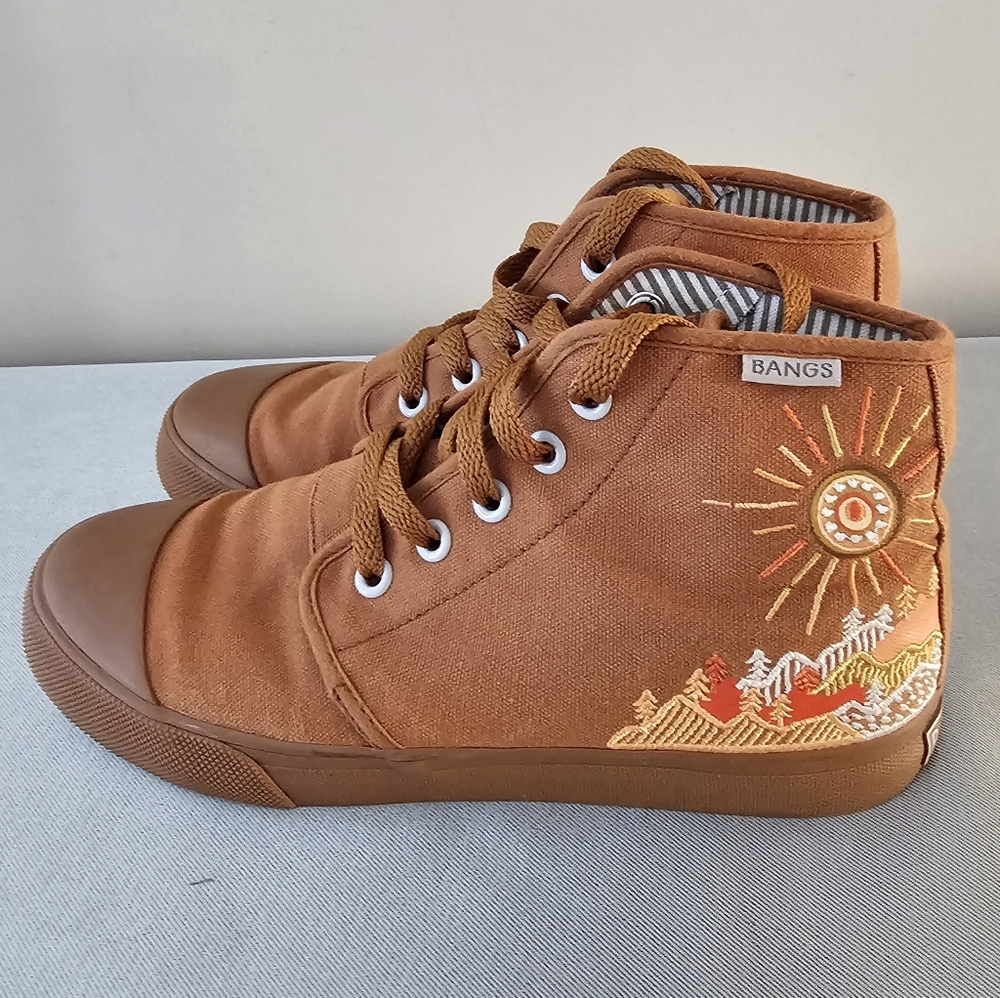 BANGS Women's Tan Embroidered High-Top Sneakers with Sun & Mountain Detail